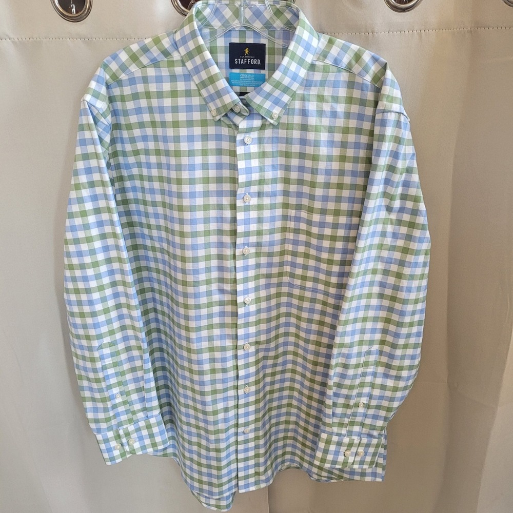 Stafford Mens Button Down Shirt Large 16 16.5" Gingham Coolmax Regular Fit 21631